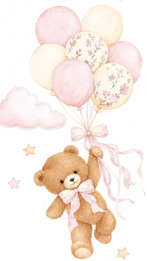 Watercolour teddy bear floating on pink and cream balloons