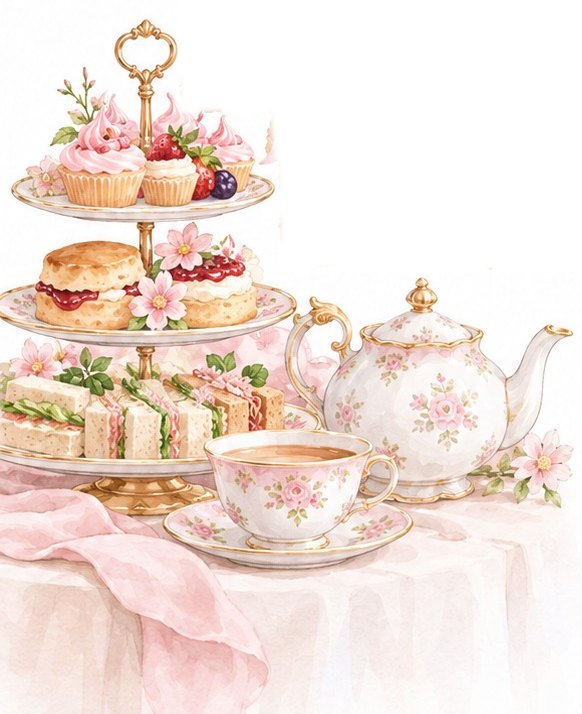 Watercolour afternoon tea stand with cakes, sandwiches, scones and a floral teapot