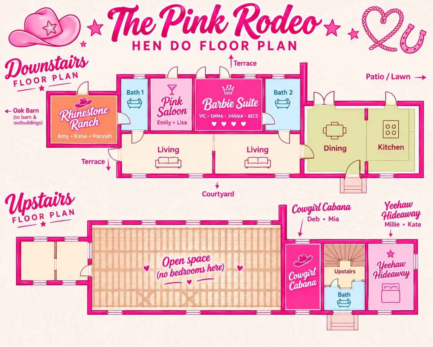 The Pink Rodeo hen do floor plan, downstairs and upstairs